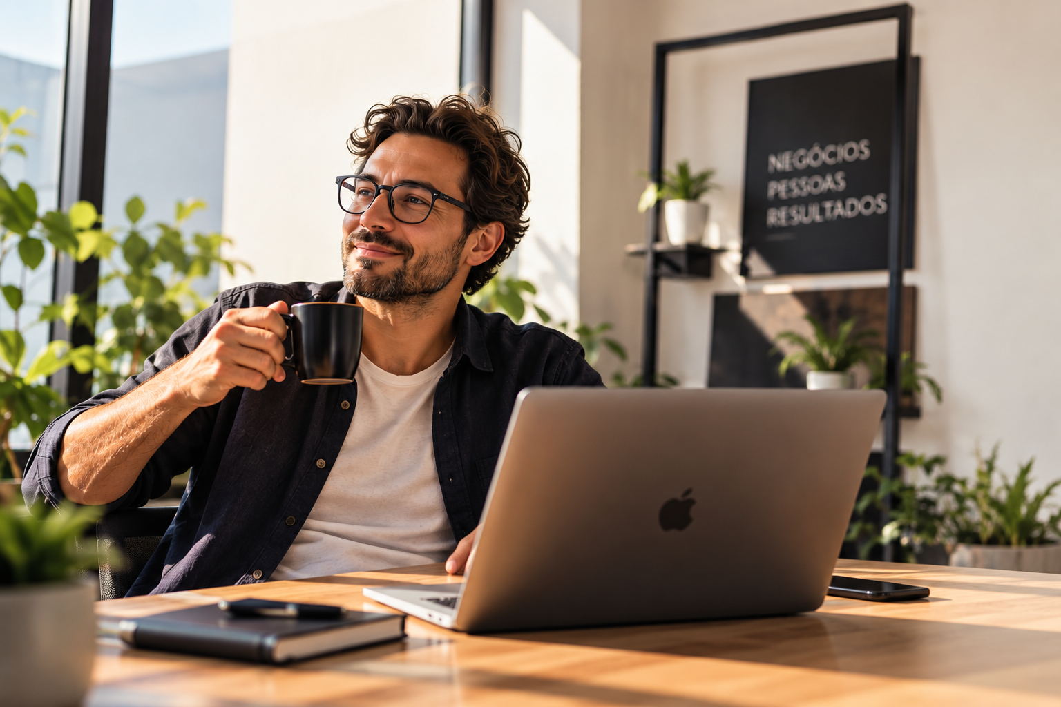 Empresário com uma xícara de café, sentado à mesa com seu notebook