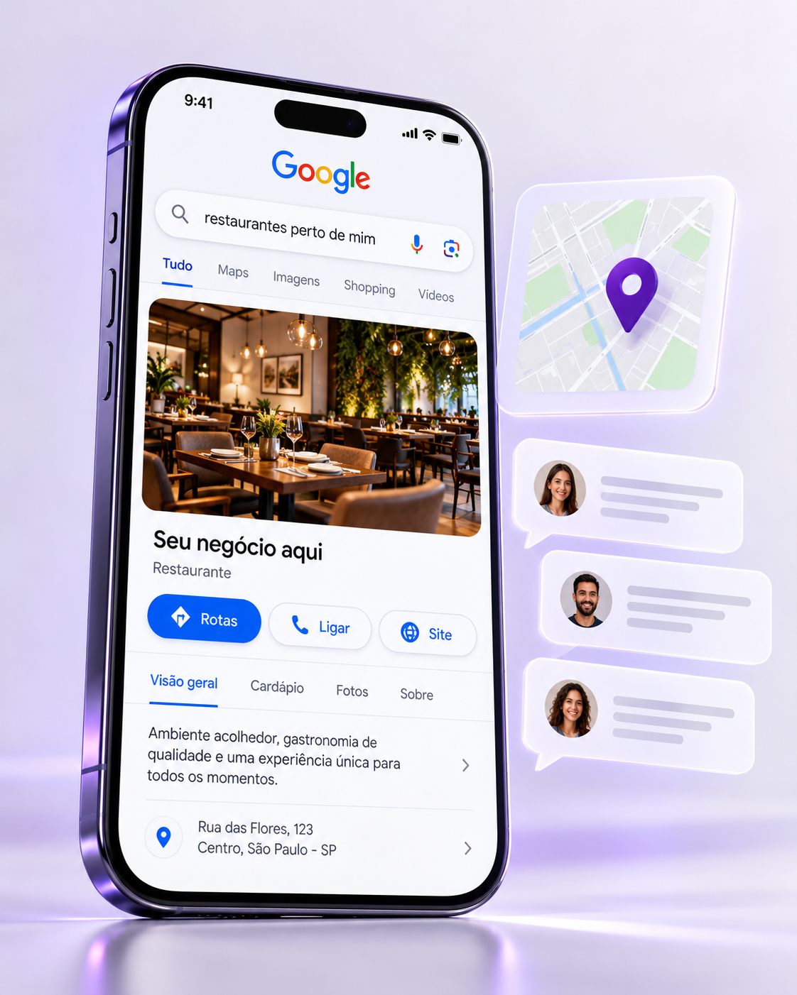 Mockup fotográfico de smartphone com busca local no Google, perfil de restaurante e cartões de localização e avaliações