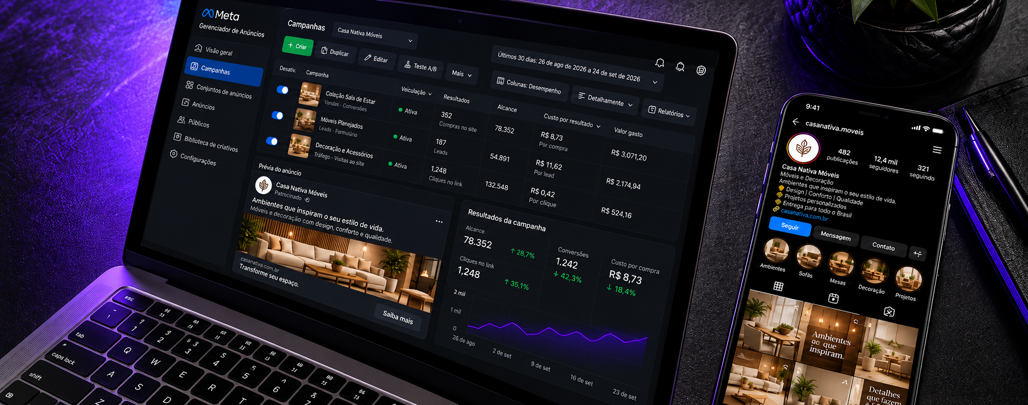Notebook com campanhas Meta Ads e celular com perfil no Instagram